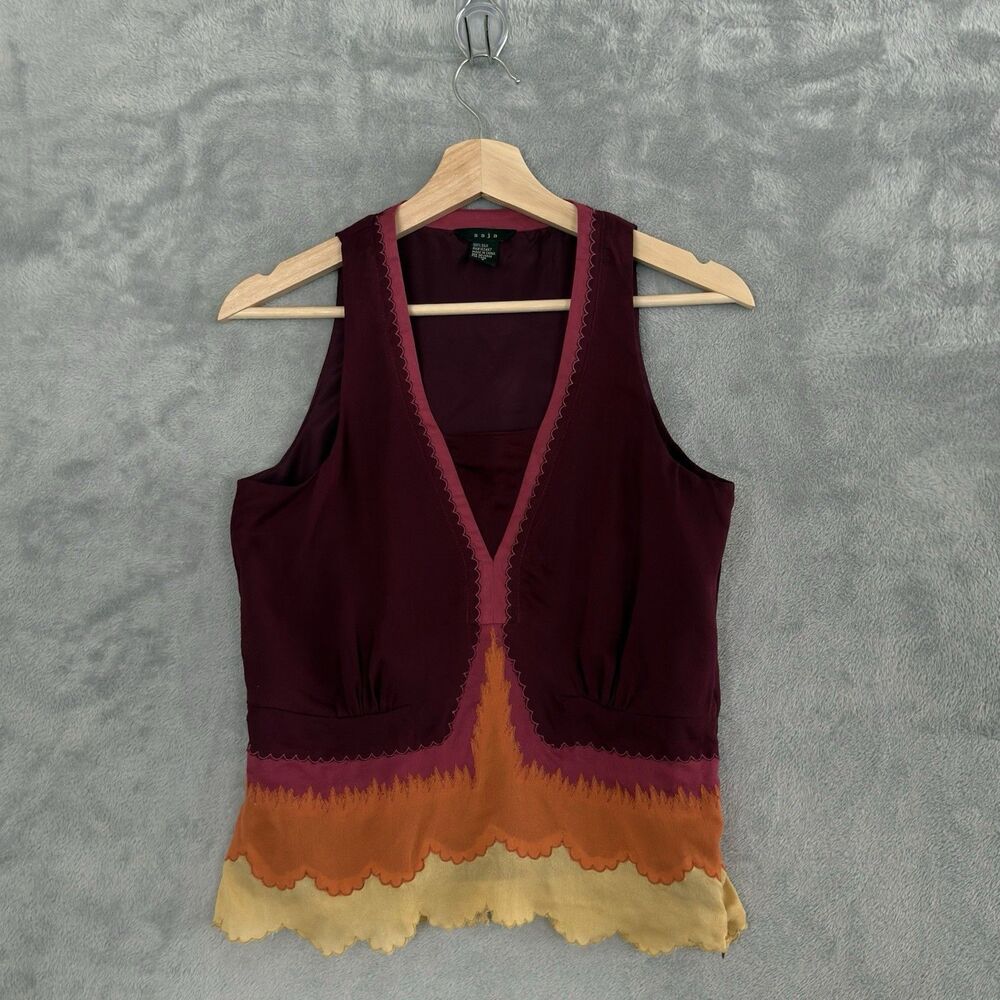 Saja 100% Silk Blouse Womens S Colorblock Scalloped Embroidery Sleeveless Boho